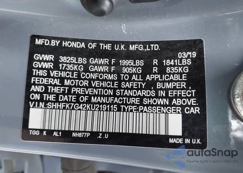 2019 Honda Civic Sport z USA, uszkodzony, nr VIN SHHFK7G42KU219115